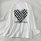 Long-sleeve Checkerboard Heart Print T-shirt White - One Size