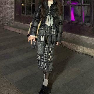 Long-sleeve Turtleneck Heart Cutout Top / Asymmetrical Midi Pencil Skirt / Padded Jacket