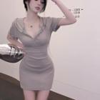 Short-sleeve Hooded Mini Bodycon Dress Camel - One Size
