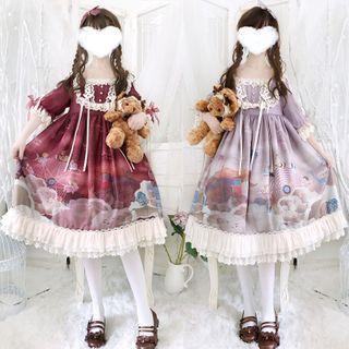Set: Elbow-sleeve Lace Trim A-line Dress + Bow Hair Clip