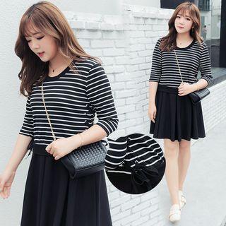 Stripe Elbow-sleeve Drawstring Dress
