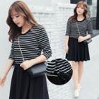 Stripe Elbow-sleeve Drawstring Dress