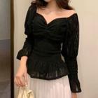 Off-shoulder Ruffled Long-sleeve Lace Blouse As Shown In Figure - One Size