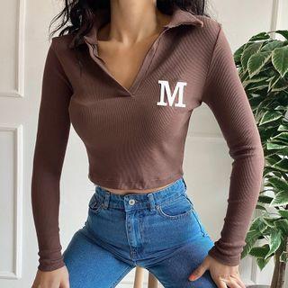 Long Sleeve V-neck Lettering Logo T-shirt