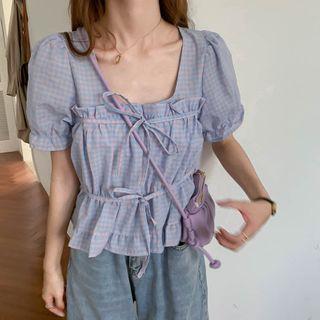 Short-sleeve Gingham Ruffled Blouse