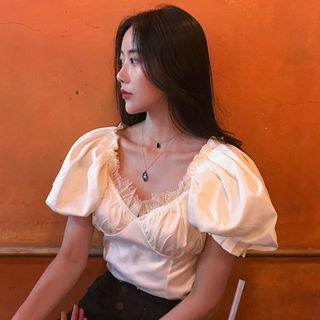 Puff-sleeve Lace Trim Blouse White - One Size