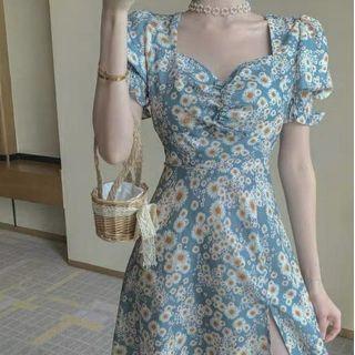 Puff-sleeve Slit-hem Floral Dress