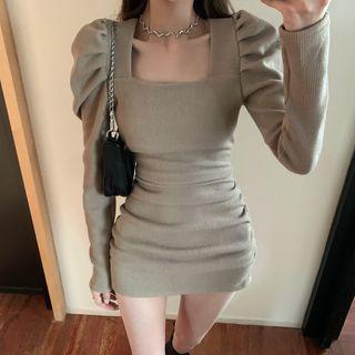 Puff-sleeve Knit Mini Sheath Dress
