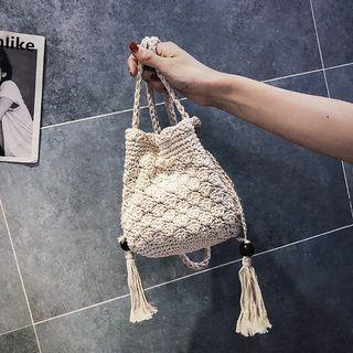 Crochet Tasseled Bucket Bag White - One Size