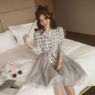 Set: Plaid Chiffon Shirt + Sleeveless Tulle Dress