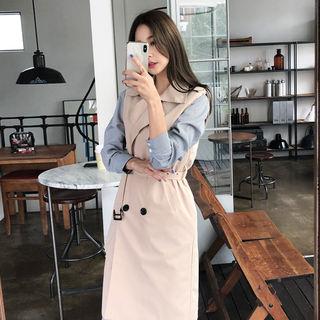 Set: Stripe Shirtdress With Sash + Double-breasted Vest With Belt Beige - One Size