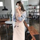 Set: Stripe Shirtdress With Sash + Double-breasted Vest With Belt Beige - One Size