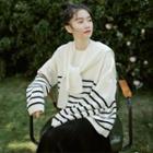 Plain Midi A-line Skirt / Striped Sweater / Knit Shawl / Set