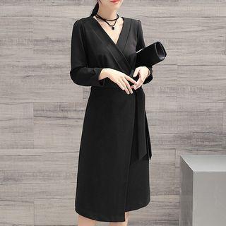 Long-sleeve V-neck Tie Waist Slit Midi Dress