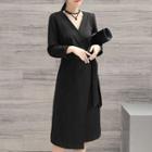 Long-sleeve V-neck Tie Waist Slit Midi Dress