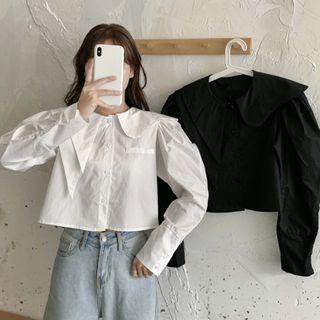 Long-sleeve Asymmetric Collar Plain Blouse