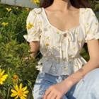 Puff-sleeve Floral Embroidered Peplum Crop Top