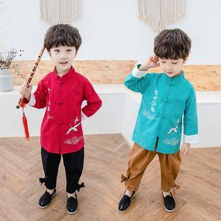 Set: Stand-collar Embroidered Top + Pants