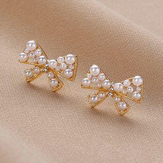 Faux Pearl Ribbon Stud Earring 1 Pair - Qr-289 - White - One Size