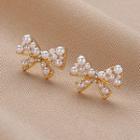 Faux Pearl Ribbon Stud Earring 1 Pair - Qr-289 - White - One Size