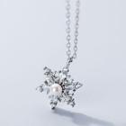 925 Sterling Silver Faux Pearl Rhinestone Snowflake Pendant Necklace S925 Sterling Silver Pendant Necklace - One Size