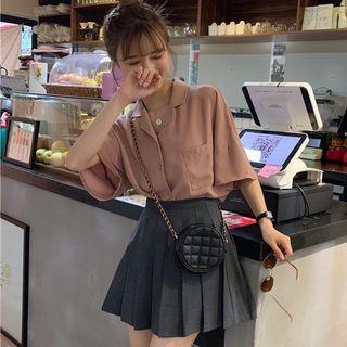 Plain Elbow-sleeve Shirt / Pleated A-line Skirt