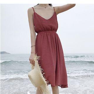 V-neck Elastic-waist Spaghetti Strap Dress