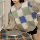 Checkered Cardigan Beige & Green & Blue - One Size