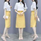 Set: Short-sleeve Lace Top + Midi A-line Skirt