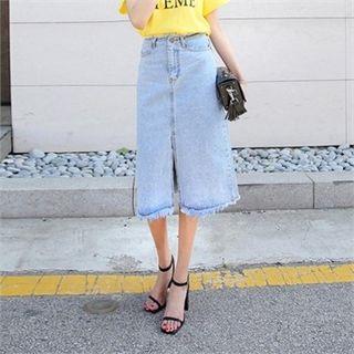 Fringe-hem Denim A-line Midi Skirt