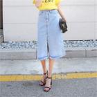 Fringe-hem Denim A-line Midi Skirt