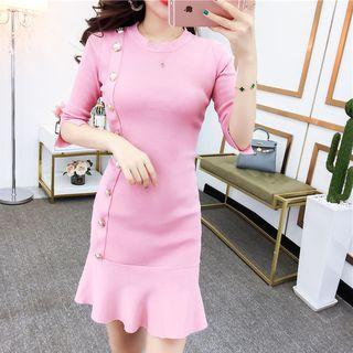 Ruffle Hem Long-sleeve Knit Dress Pink - One Size