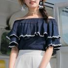 Elbow-sleeve Off Shoulder Blouse Blue - One Size