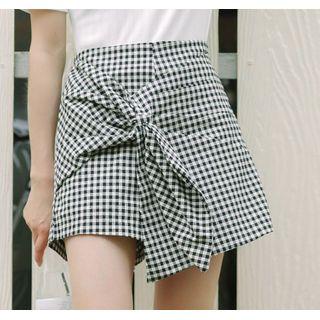 Tie-front Plaid Mini A-line Skort