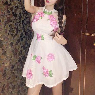 Flower Embroidered Sleeveless Mini A-line Dress
