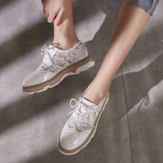 Genuine Leather Lace Panel Patent Lace-up Shoes