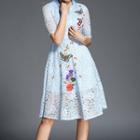 Embroidered Elbow Sleeve Lace Dress