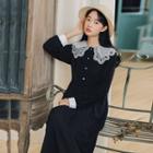 Long-sleeve Lace Collar Midi Chiffon Dress