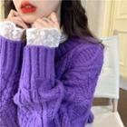 Mock Neck Lace Top / Round Neck Cable Knit Cardigan