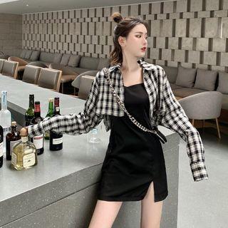 Plaid Cropped Shirt / Side Slit Spaghetti Strap Dress