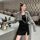 Plaid Cropped Shirt / Side Slit Spaghetti Strap Dress