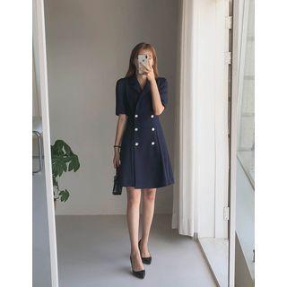 Padded-shoulder Flared Midi Blazer Dress