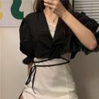 Short-sleeve Plain Blouse / Spaghetti Strap Lace Trim Mini Dress