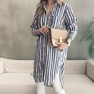 Pocket-front Dip-back Stripe Shirtdress