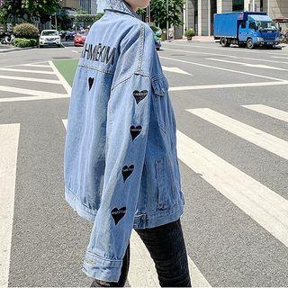 Lettering Heart Print Washed Denim Jacket Light Blue - One Size