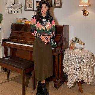 Cat Print Collared Diamond Jacquard Sweater Pink & Khaki & Green - One Size