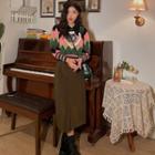 Cat Print Collared Diamond Jacquard Sweater Pink & Khaki & Green - One Size