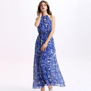 Floral Print Halter Maxi Chiffon Dress