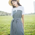Short-sleeve Sashed Plaid A-line Dress