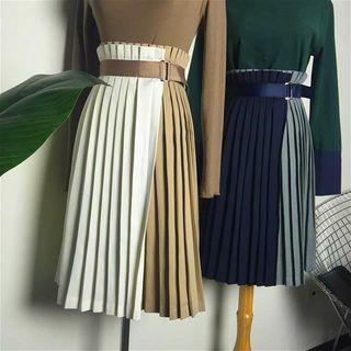 Color-block High-waist Pleated Skirt